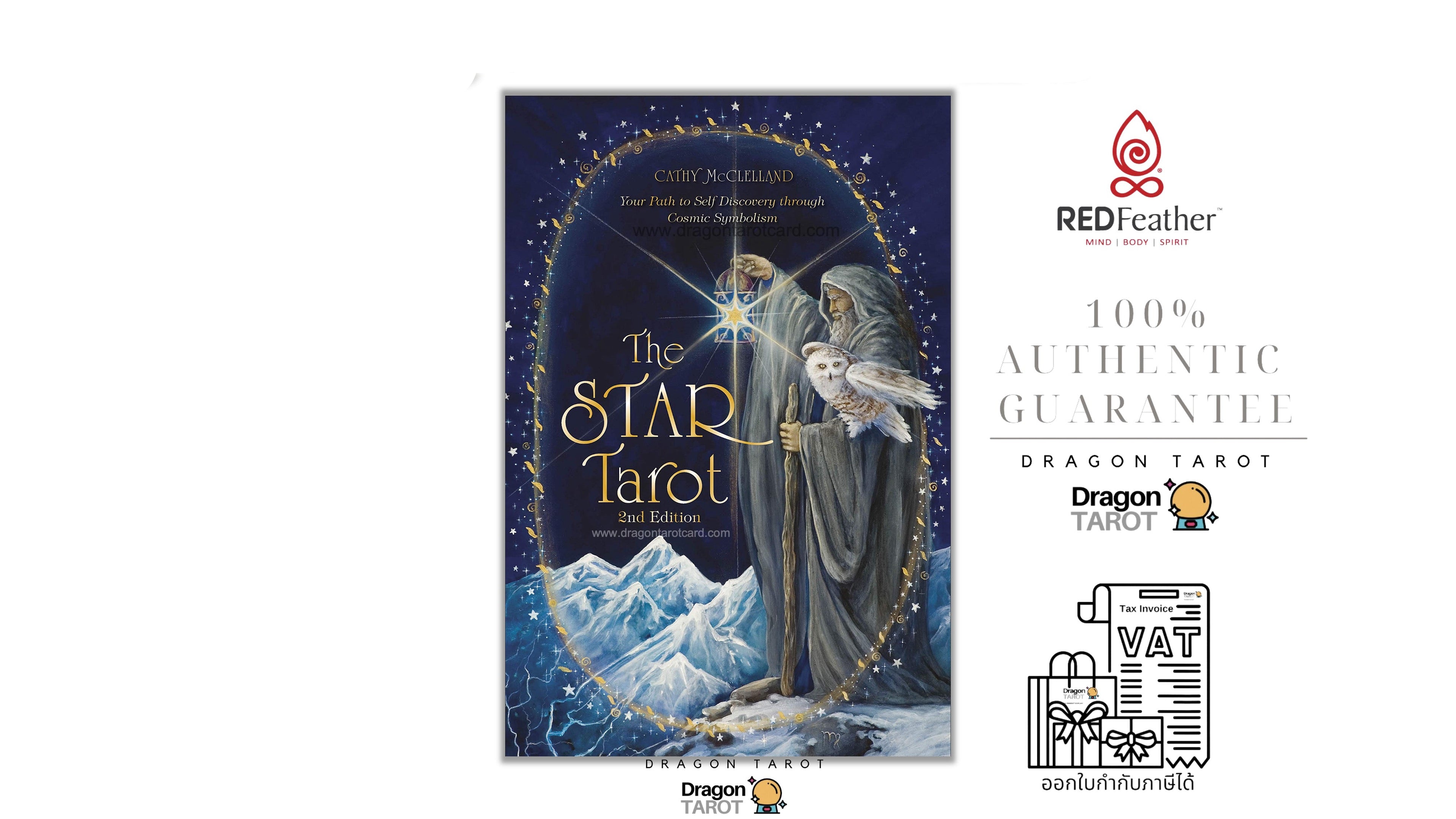 Dragon Tarot 'The Star Tarot' 3rd Edition card deck packaging shown on a white background with several brand and guarantee logos and text on the right, including Red Feather, 100% Authentic Guarantee, and VAT receipt icon.