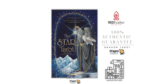 Dragon Tarot 'The Star Tarot' 3rd Edition card deck packaging shown on a white background with several brand and guarantee logos and text on the right, including Red Feather, 100% Authentic Guarantee, and VAT receipt icon.