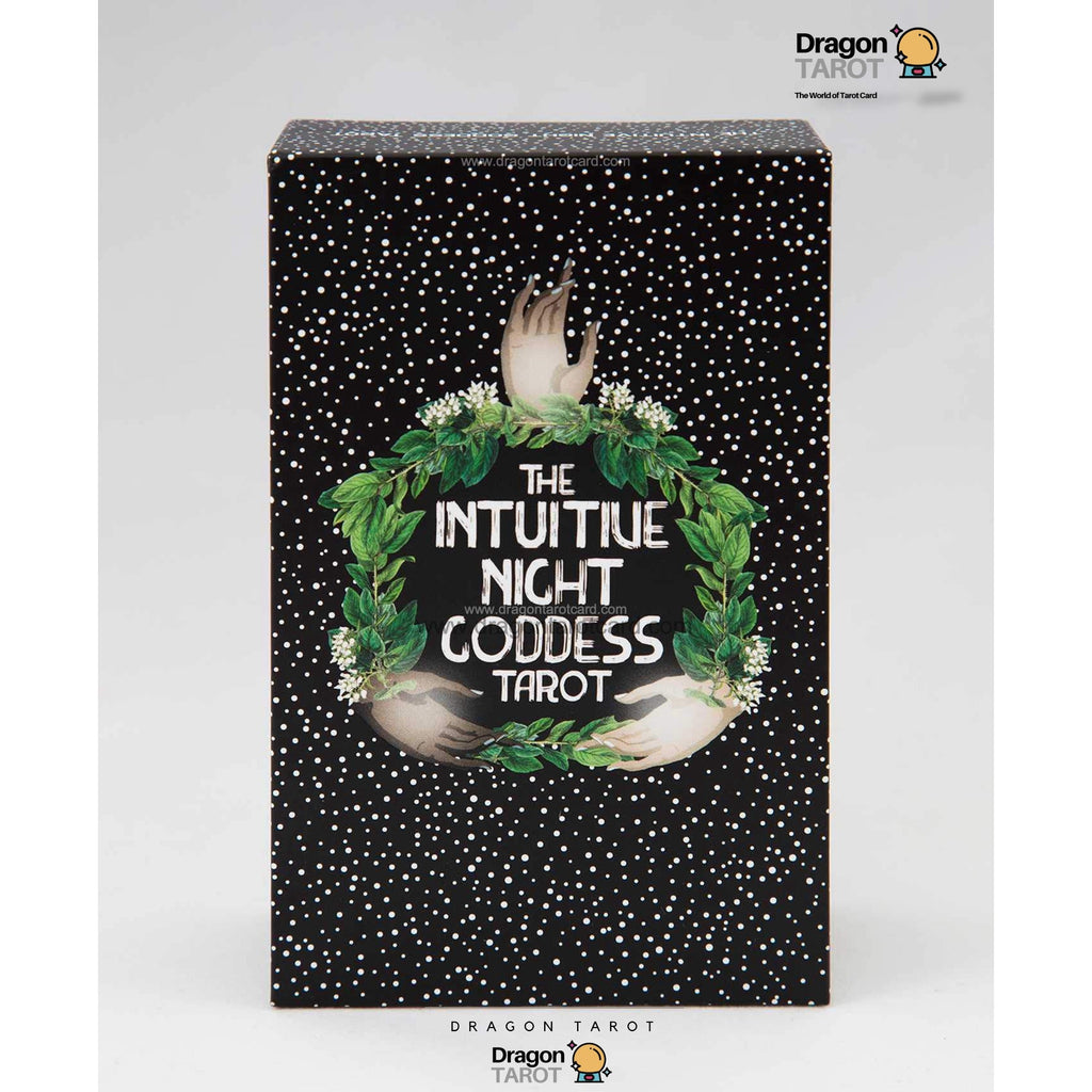 The Intuitive Night Goddess Tarot deck box by Dragon Tarot, featuring a black background with white stars, green foliage, and white hands holding a central emblem.