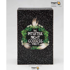 The Intuitive Night Goddess Tarot deck box by Dragon Tarot, featuring a black background with white stars, green foliage, and white hands holding a central emblem.