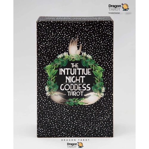 The Intuitive Night Goddess Tarot deck box by Dragon Tarot, featuring a black background with white stars, green foliage, and white hands holding a central emblem.