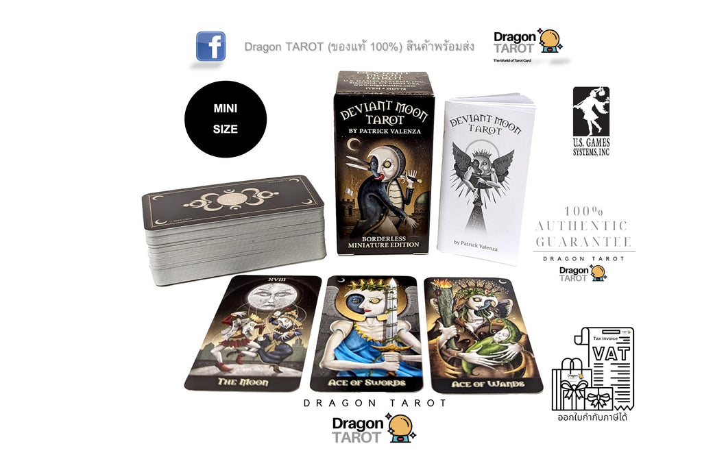 Dragon Tarot deck packaging and cards displayed on a white background, including the box, deck of cards, individual cards, a mini size badge, and several brand and guarantee logos.