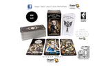 Dragon Tarot deck packaging and cards displayed on a white background, including the box, deck of cards, individual cards, a mini size badge, and several brand and guarantee logos.
