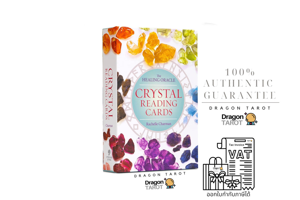 Dragon Tarot Crystal Reading Cards box shown on a white background with Thai promotional text, a Facebook icon, and a VAT receipt illustration. The box features multicolored crystal illustrations around the cover and spine.