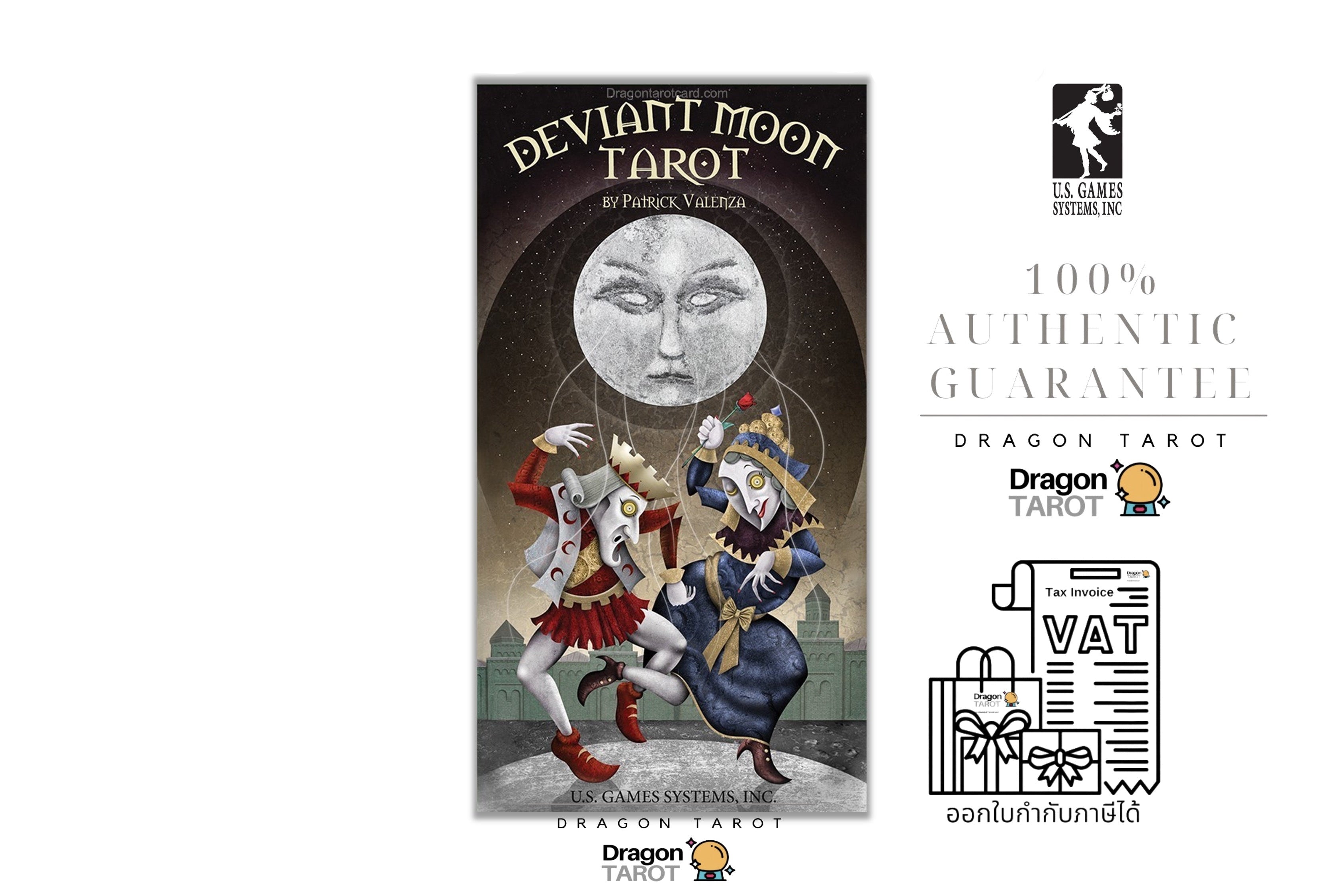 A promotional graphic for the Deviant Moon Tarot deck by Dr. Paula Naranjo, featuring the illustrated tarot card box art in the center, the Dragon Tarot logo and branding on a white background, a VAT refund guarantee illustration, and social media icons.