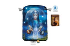 A Dragon Tarot card deck box featuring a mystical zodiac illustration of the Dragon with a blue cosmic theme, shown alongside a small Arcanum book and a LO Scaramuco logo on a white background.