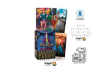 Dragon Tarot card deck packaging and box set shown on a white background with Thai text, brand logos, and a VAT icon. The image features multiple illustrated tarot card and box designs with colorful fantasy artwork.