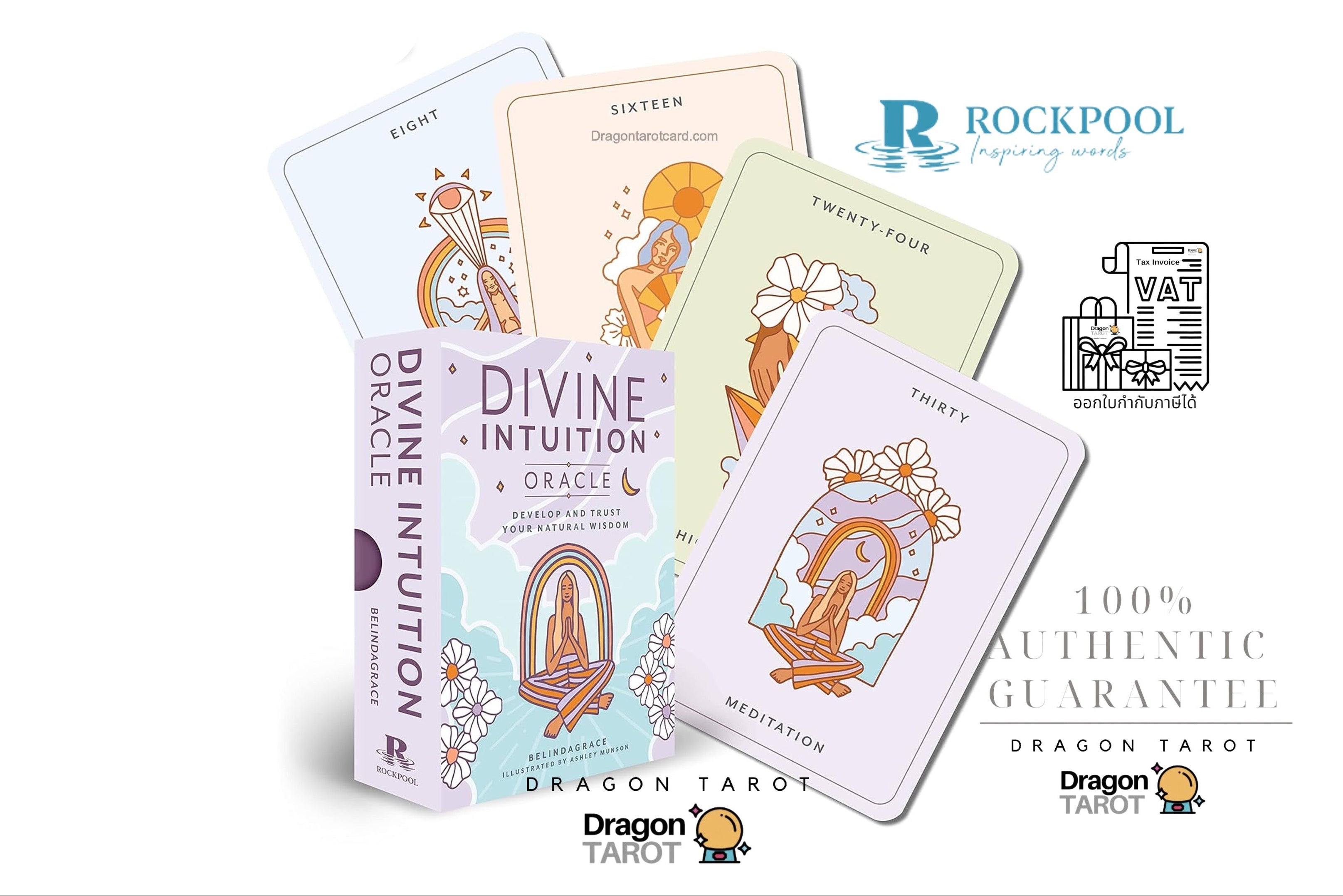 Divine Intuition Oracle card deck box with several illustrated cards fanned behind it on a white background, with Dragon Tarot and Rockpool branding visible.
