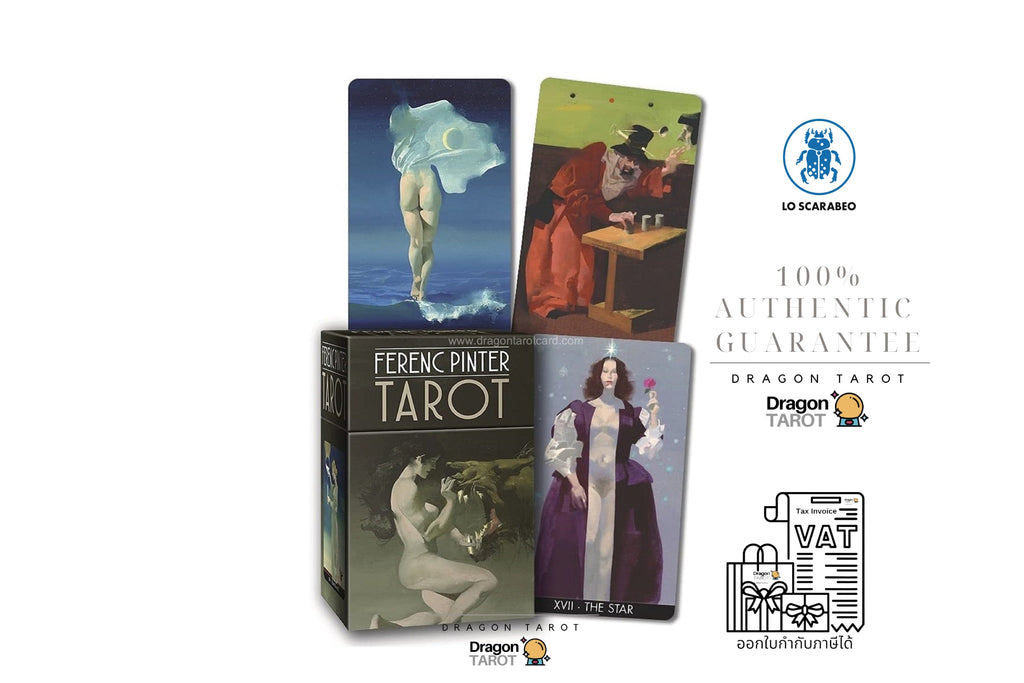 A boxed tarot card deck with four illustrated cards displayed above and beside the box on a white background. Visible text includes 'Ferenck Pinter Tarot', 'Dragon Tarot', '100% Authentic Guarantee', and a VAT refund guarantee icon; a circular 'LO SCARABIO' mark is also visible.
