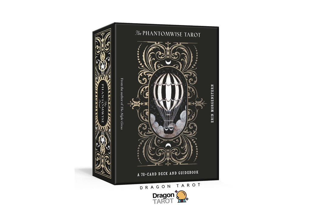 The Phantomwise Tarot deck box shown at a three-quarter angle on a white background, featuring a black cover with ornate gold filigree and a central hot air balloon illustration. Dragon Tarot branding is visible at the top and bottom of the image.