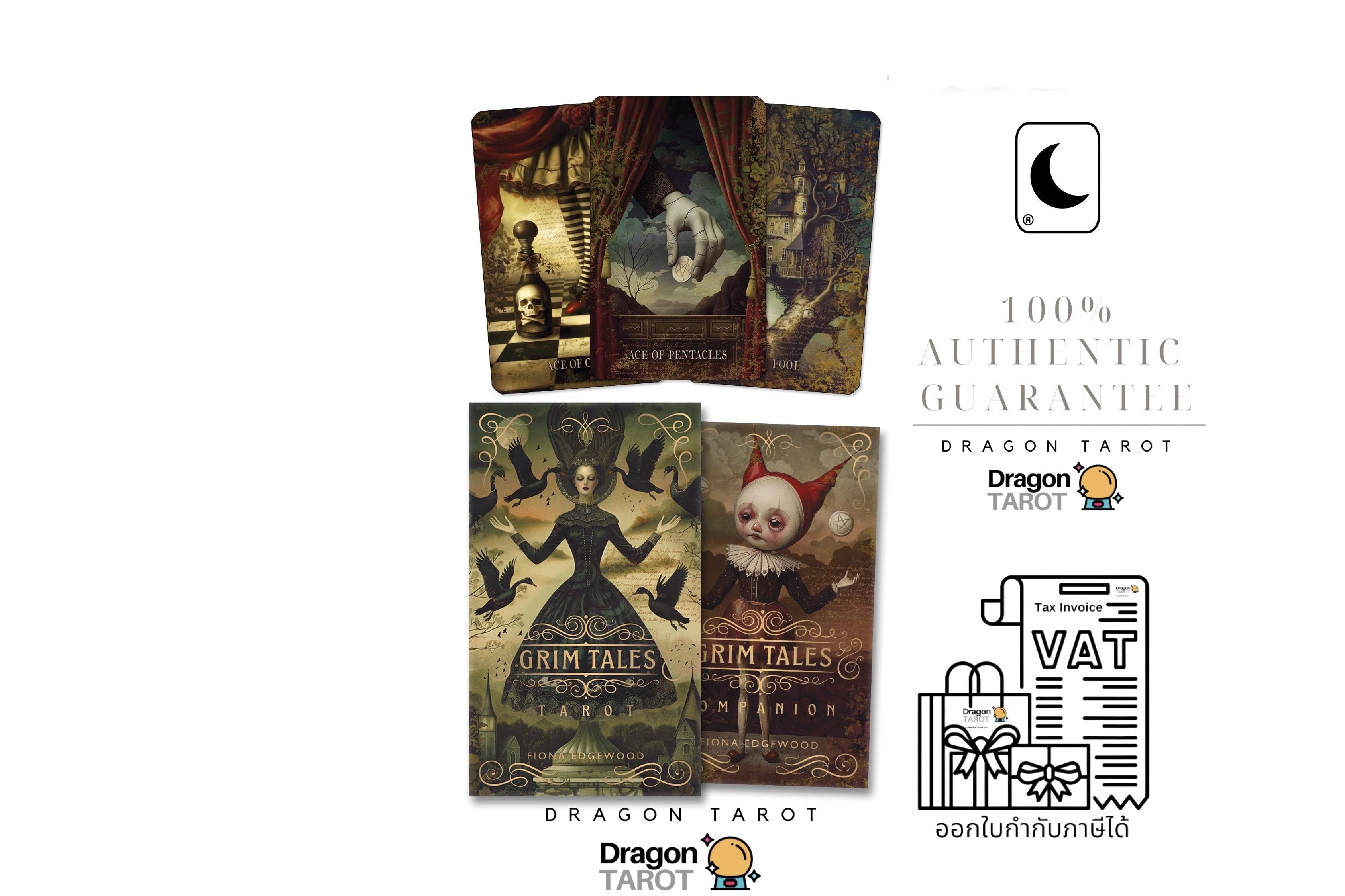 A promotional graphic for Dragon Tarot cards on a white background, showing several illustrated tarot card designs, a 100% authentic guarantee badge, a Facebook icon, and a line drawing indicating VAT inclusion.