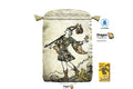 Dragon Tarot deck packaging and card pouch shown on a white background, featuring the Fool tarot card illustration on the front pouch and the Dragon Tarot box at lower right, with brand logos and social media icons around it.