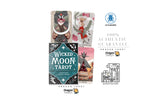 Dragon Tarot Wicked Moon Tarot card deck packaging and four illustrated cards displayed on a white background with brand logos, a 100% authentic guarantee badge, and a VAT refund icon.
