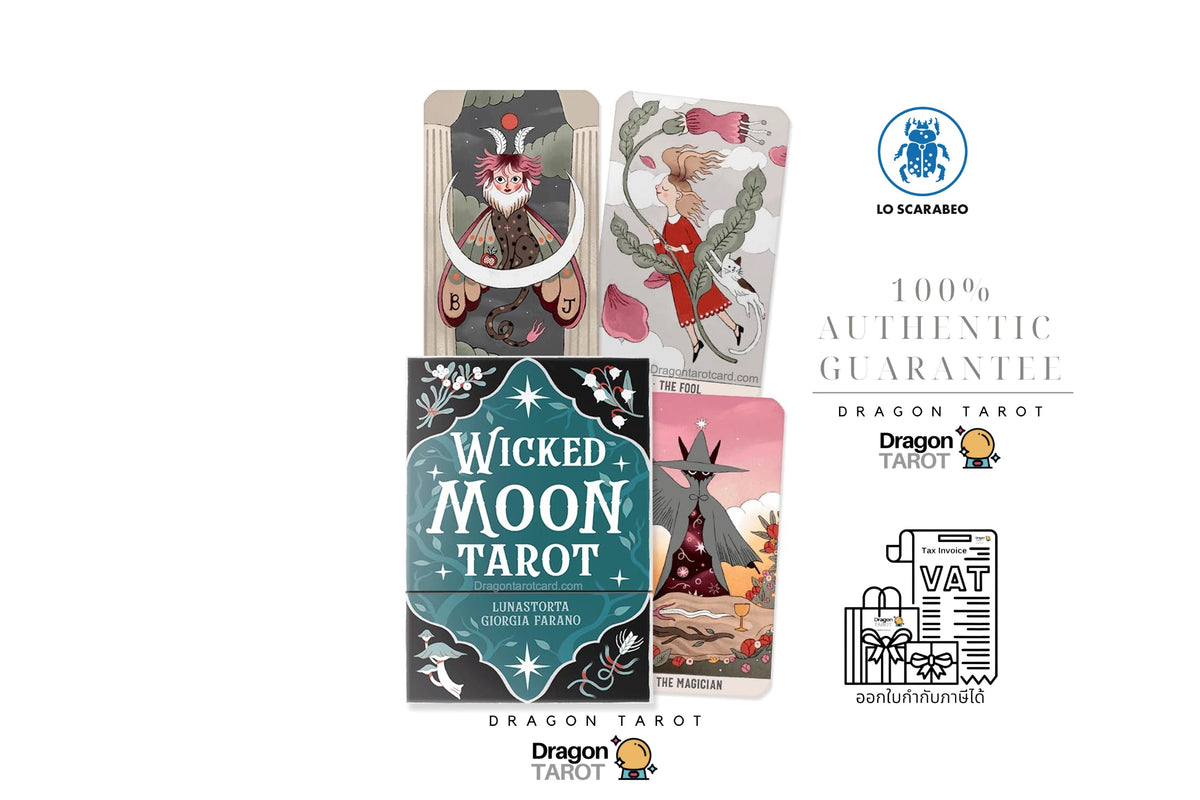 Dragon Tarot Wicked Moon Tarot card deck packaging and four illustrated cards displayed on a white background with brand logos, a 100% authentic guarantee badge, and a VAT refund icon.
