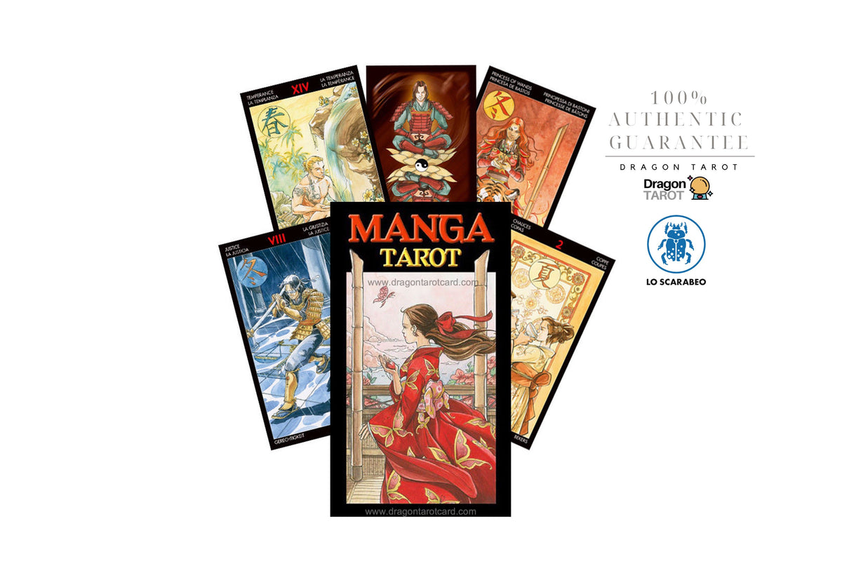 Manga Tarot deck with multiple illustrated tarot cards fanned out behind the main box on a white background. The box reads 'MANGA TAROT' in large orange letters.