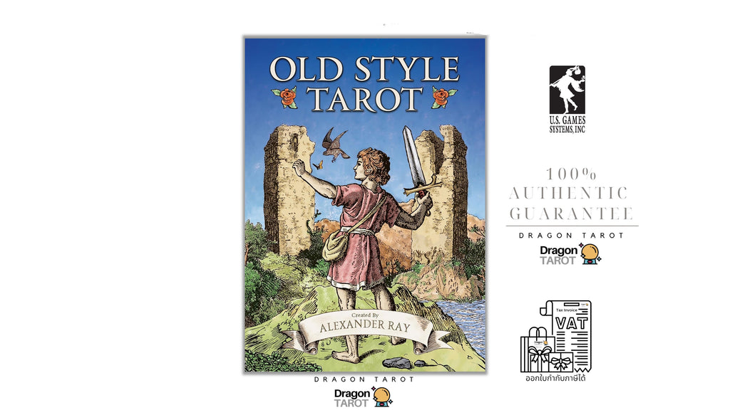 Dragon Tarot 'Old Style Tarot' card deck packaging cover shown on a white background with promotional text and logos. The cover features an illustrated figure in a pink robe standing before stone ruins under a blue sky.
