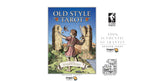 Dragon Tarot 'Old Style Tarot' card deck packaging cover shown on a white background with promotional text and logos. The cover features an illustrated figure in a pink robe standing before stone ruins under a blue sky.