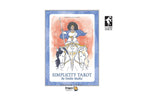 Front cover of the Simplicity Tarot deck by Emilie Mulliz, featuring an illustration of a warrior on a white horse against a peach and blue background, shown on a white page with Dragon Tarot branding.