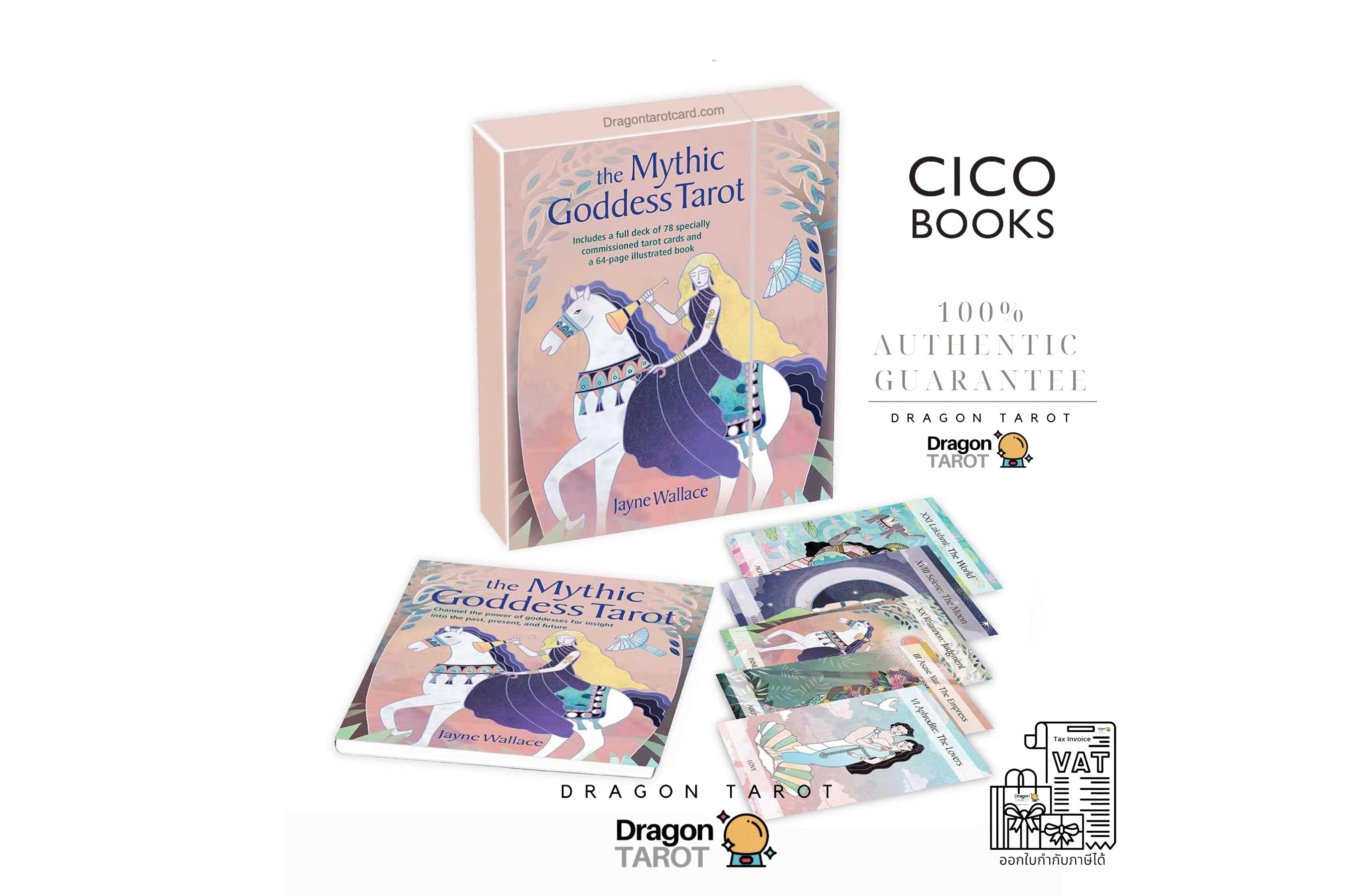 The Mythic Goddess Tarot deck by Dr. Huneke, shown with its illustrated box, a flat card, and several face-up cards on a white background with promotional text and logos for CICO BOOKS and Dragon Tarot.