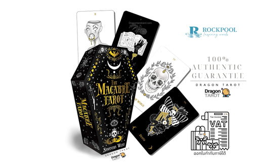 The Macabre Tarot deck displayed with its black coffin-shaped box, several illustrated cards fanned behind it, and promotional text on a white background. Visible branding includes Rockpool and Dragon Tarot.