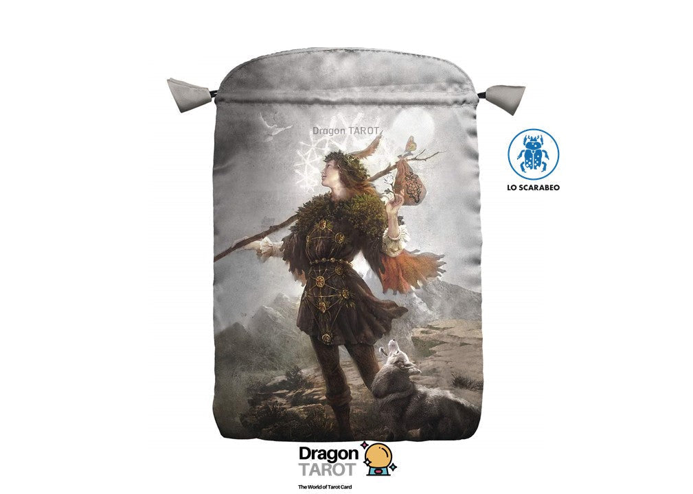 A Dragon Tarot branded drawstring pouch featuring a fantasy illustration of a warrior with a sword and shield, set against a white background with brand logos and certification icons.