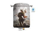 A Dragon Tarot branded drawstring pouch featuring a fantasy illustration of a warrior with a sword and shield, set against a white background with brand logos and certification icons.