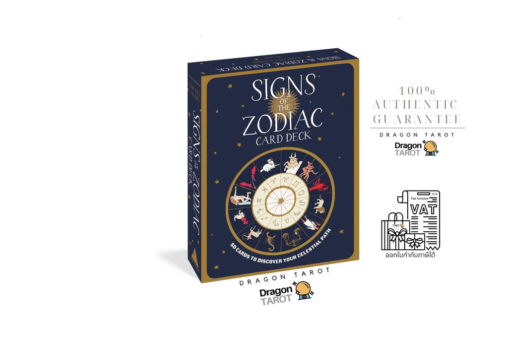 Dragon Tarot 'Signs of the Zodiac' card deck box shown on a white background with promotional text and logos. The box is dark blue with gold border details and a central zodiac wheel illustration.
