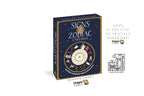 Dragon Tarot 'Signs of the Zodiac' card deck box shown on a white background with promotional text and logos. The box is dark blue with gold border details and a central zodiac wheel illustration.