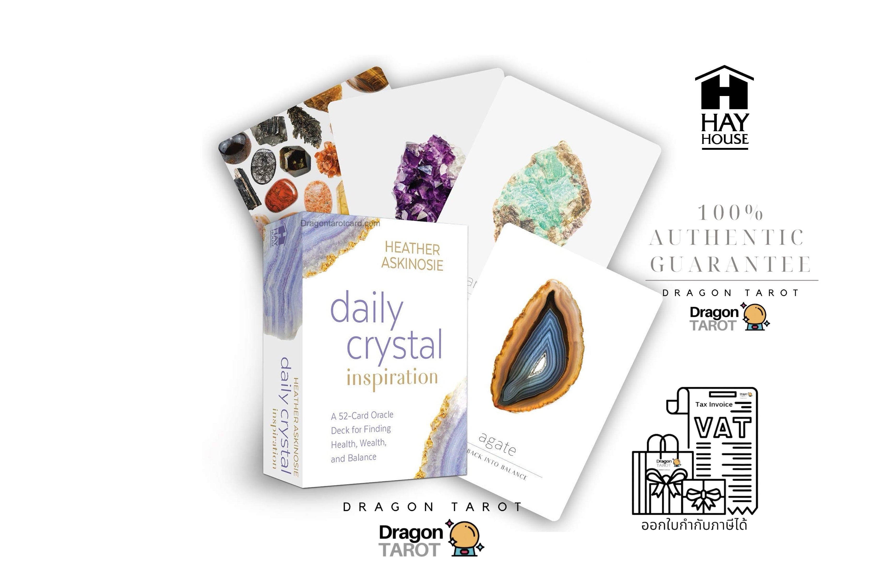 Dragon Tarot 'Daily Crystal Inspiration' deck packaging and several sample cards arranged on a white background with promotional text and logos from Hay House and Dragon Tarot.