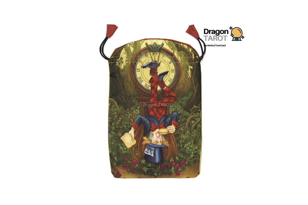 A Dragon Tarot drawstring pouch featuring an illustrated design of a clock tower and a red dragon, shown on a white background with brand logos and a Facebook icon at the top.