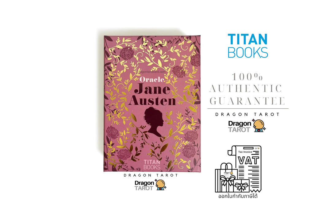 Oracle Jane Austen Dragon Tarot book by Titan Books, featuring a pink and gold floral cover design, displayed alongside promotional text and logos on a white background.