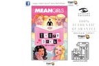 Dragon Tarot 'Mean Girls' deck packaging shown on a white background with promotional text and social media branding. The box art features illustrated characters around a pink 'Tarot Deck' box.