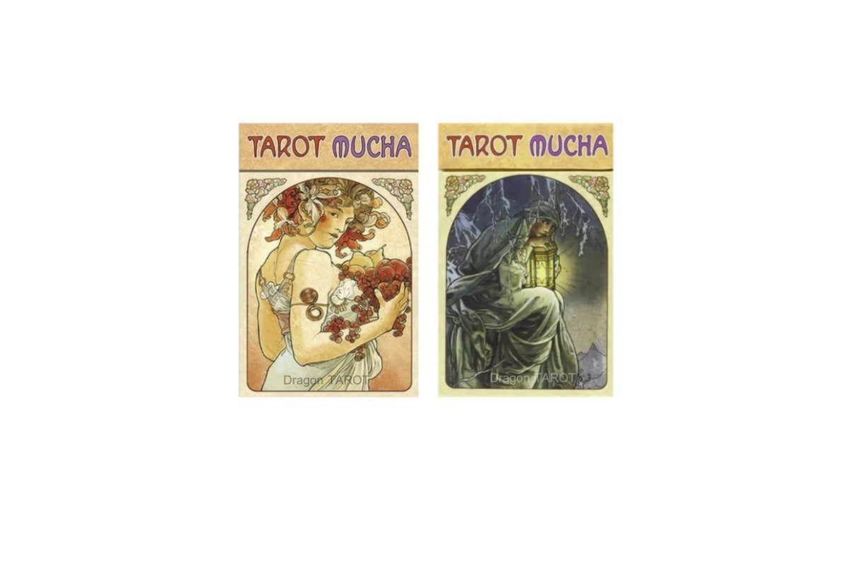 Two Tarot Mucha card boxes shown side by side on a white background, with Dragon Tarot branding and a barcode label below.