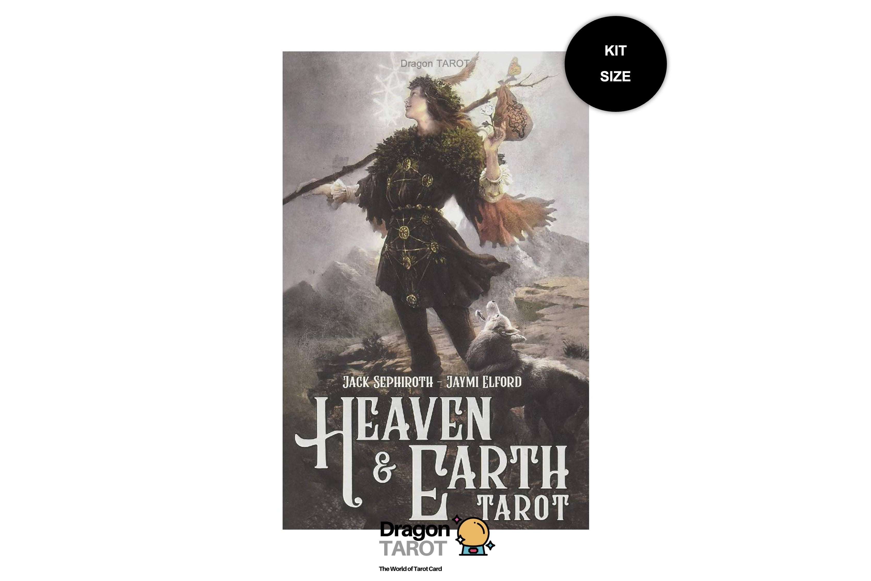 Heaven & Earth Tarot card deck box cover shown on a white background, with a black circular 'KIT SIZE' badge in the top right and a Dragon Tarot logo at the bottom.