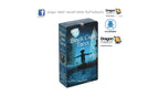 A boxed tarot card deck titled 'Black Cats Tarot' shown upright on a plain white background, with social media and brand logos above it. The box is predominantly dark blue and black with a cat silhouette and moonlit scene on the front.