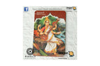 A Dragon Tarot card featuring the 'Saraswati' suit, displayed on a textured white background with brand logos for 'Dragon Tarot' and 'Mandali Peripherals'. The card depicts a detailed illustration of the Hindu goddess Saraswati playing the veena, set against a backdrop of green trees and a river.