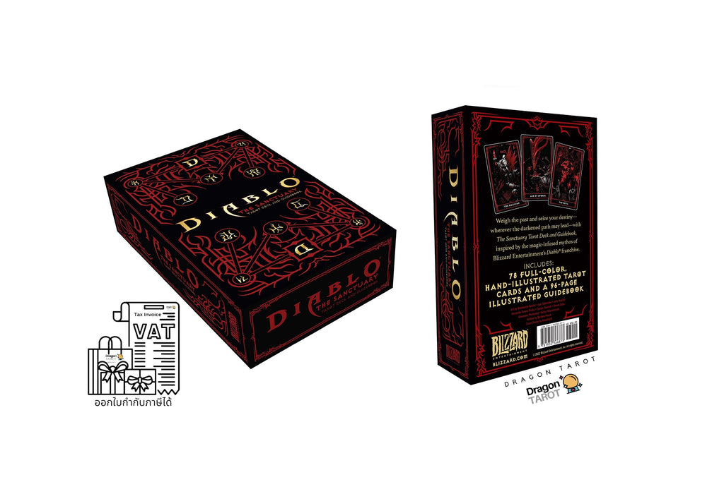 Dragon Tarot Dieblo deck box shown from multiple angles on a white background, with product text and Dragon Tarot branding visible. The box is black with red decorative artwork and gold 'Dieblo' lettering.