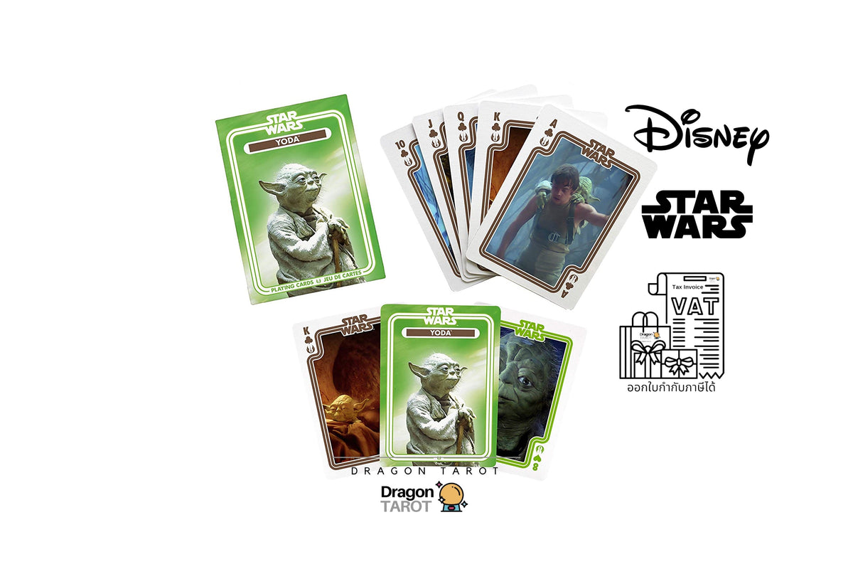 Dragon Tarot Star Wars card set displayed on a white background, featuring several illustrated trading cards including Yoda and Darth Vader, with Disney and Star Wars logos and a VAT mark.