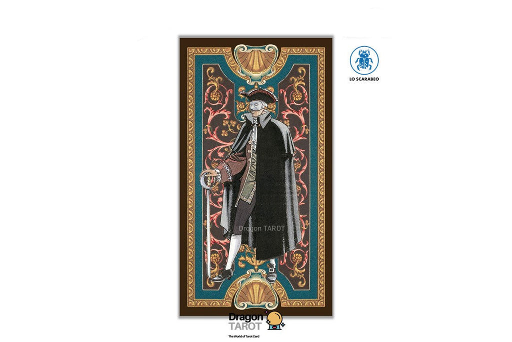A tarot card illustration featuring a cloaked figure with a mask and staff, set within an ornate decorative border. The card is centered on a white background with Dragon TAROT branding and a small blue circular logo visible.