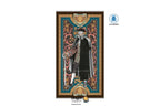 A tarot card illustration featuring a cloaked figure with a mask and staff, set within an ornate decorative border. The card is centered on a white background with Dragon TAROT branding and a small blue circular logo visible.