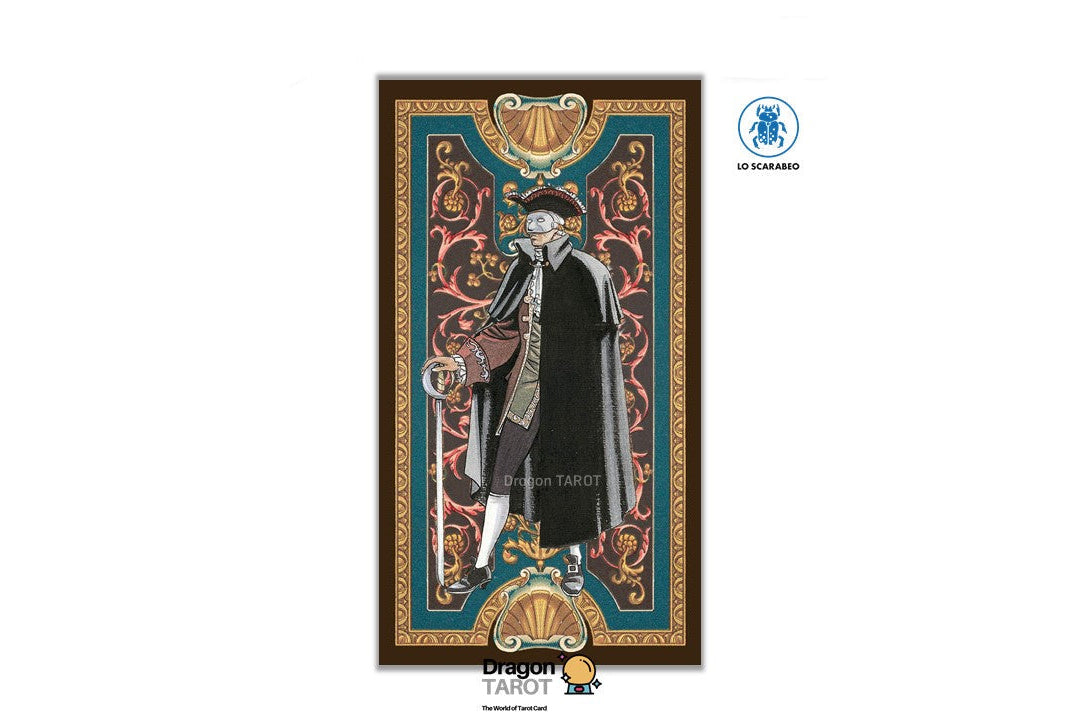 A tarot card illustration featuring a cloaked figure with a mask and staff, set within an ornate decorative border. The card is centered on a white background with Dragon TAROT branding and a small blue circular logo visible.