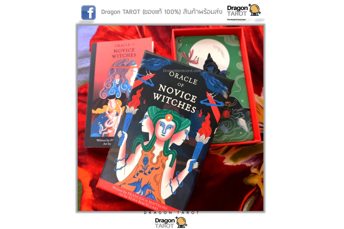 A set of Dragon Tarot deck boxes and cards displayed on a red fabric surface. The main visible product is the front of the 'Oracle of Novice Witches' box, showing a stylized illustration of a green-haired witch with a wand, with 'ORACLE OF NOVICE WITCHES' printed on the cover.