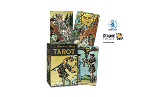 Dragon Tarot deck packaging and cards shown on a white background, with Thai text and Dragon Tarot logos. The box and illustrated cards feature fantasy-style artwork with a sun, a crowned woman, and a warrior scene.