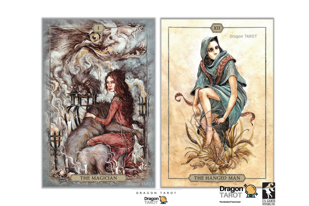 Two illustrated tarot cards shown side by side on a white background: The Magician on the left with a smoky scene and seated figure in red-brown tones, and The Hanged Man on the right with a hooded figure in blue-green tones on a beige background. Dragon Tarot branding appears at the bottom.