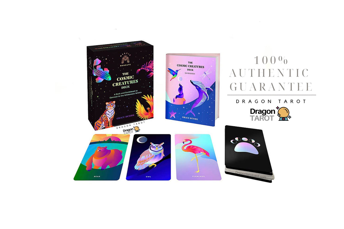 Dragon Tarot card deck set displayed on a white background, including the black illustrated box, a purple book, several colorful cards, and a black deck box. Text on the image includes '100% Authentic Guarantee' and 'Dragon Tarot'.