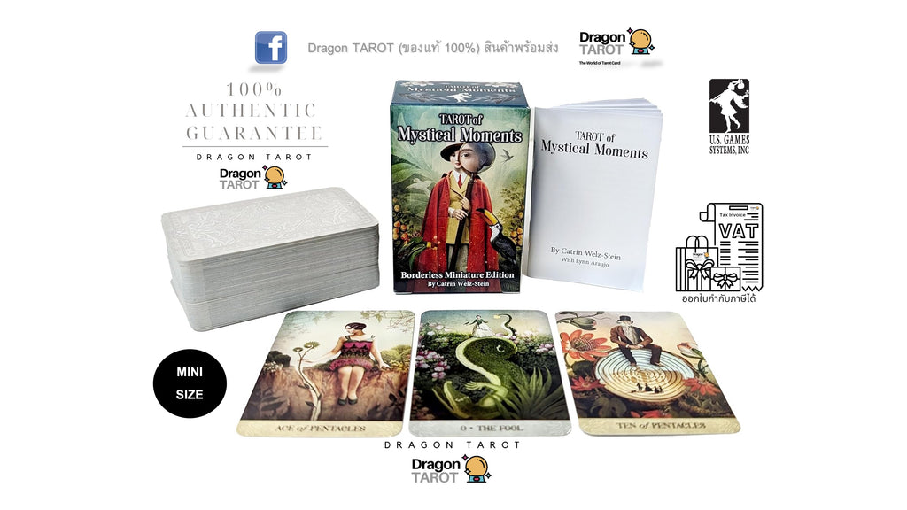 Tarot deck packaging and contents displayed on a white background, including the box, a stack of cards, a booklet, three sample cards laid out, and several brand/authentication graphics. Visible branding includes Dragon Tarot and La Carte Légère, Inc.