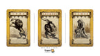Three vintage-style tarot cards displayed side by side on a white background: 'IPES' showing a bird-like figure, 'LECHIES' showing a horned seated figure, and 'LAMIA' showing a cloaked woman holding a child. The cards have aged yellow-gold borders and sepia illustrations.