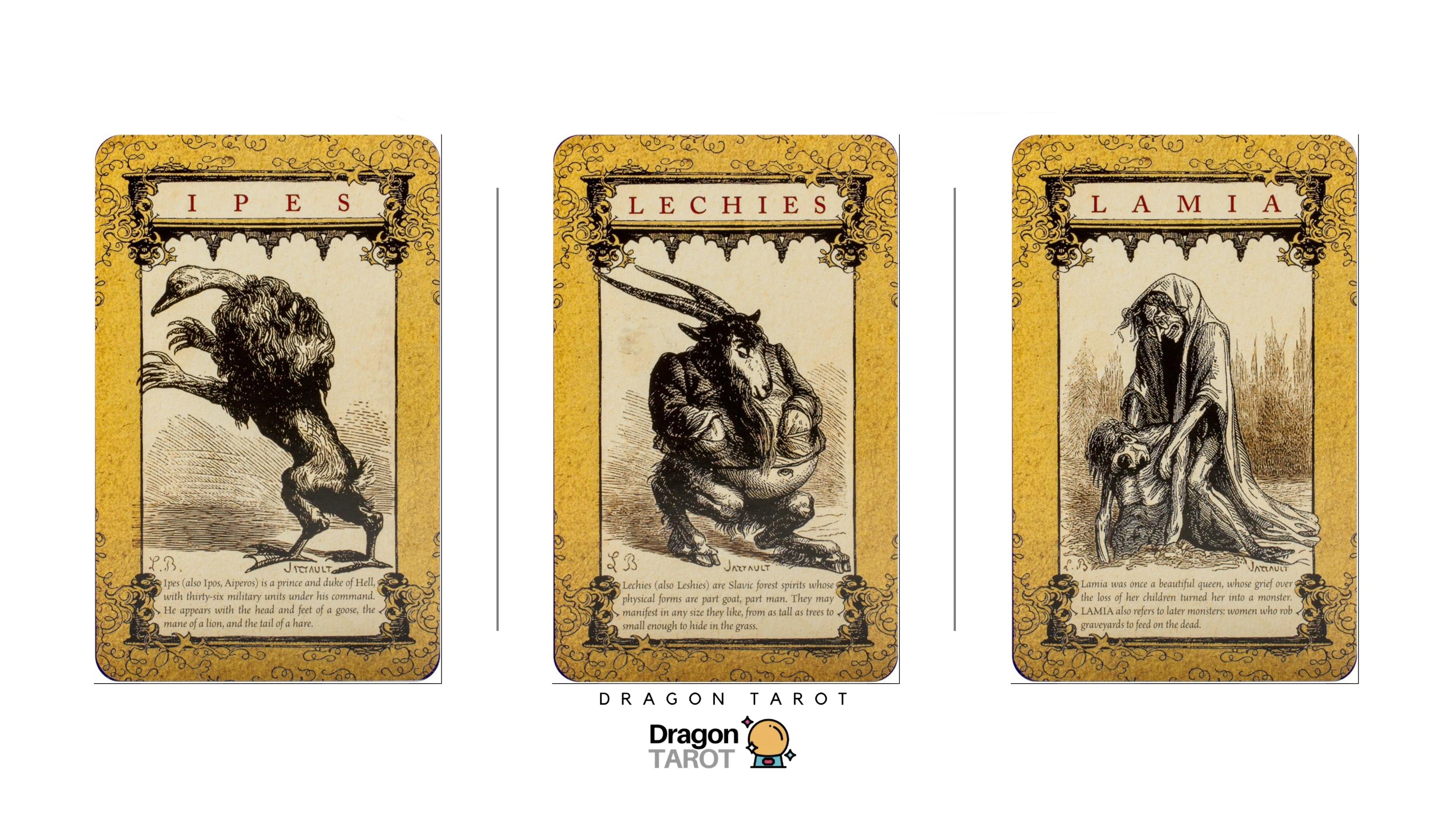 Three vintage-style tarot cards displayed side by side on a white background: 'IPES' showing a bird-like figure, 'LECHIES' showing a horned seated figure, and 'LAMIA' showing a cloaked woman holding a child. The cards have aged yellow-gold borders and sepia illustrations.