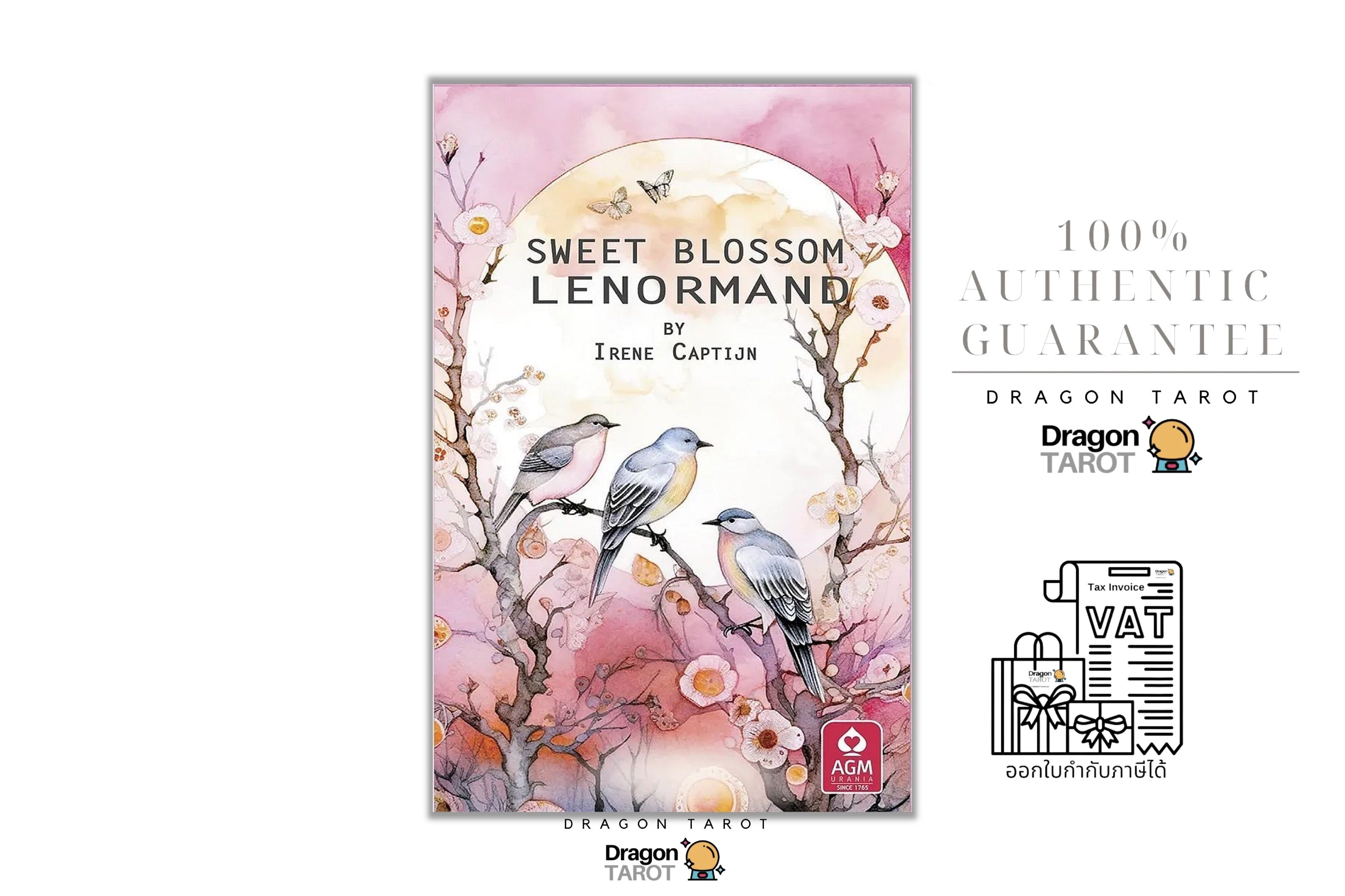 Dragon Tarot 'Sweet Blossom Lenormand' card deck box cover shown on a white background with promotional text and logos. The box features pink cherry blossoms, birds, and a pale yellow moon, with the text 'SWEET BLOSSOM LENORMAND' and 'BY IRENE CAPTION'.