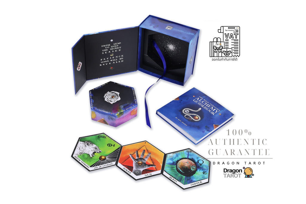 Dragon Tarot deck packaging and contents displayed on a white background, including an open blue presentation box, a hexagonal box, a blue card deck box, and several tarot cards with colorful illustrated faces. Thai text and Dragon Tarot branding are visible.